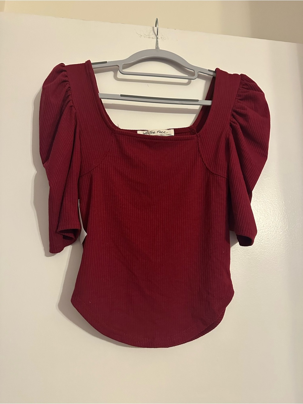 Free People Burgundy Puff Sleeve Ribbed Top